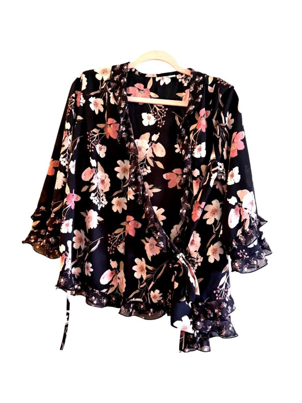 EST 1946 Floral Black Sheer Wrap Blouse With Ruffle Sleeves & Tie-Front Large